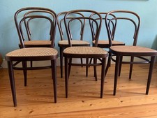 Original Thonet Bugholzstühle 214 – 6 Stück, Buche dunkel, Rohrgeflecht natur