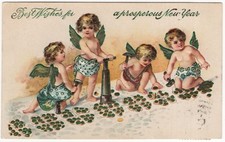 AK Neujahr, Prägekarte, 4 kleine Engel mit Hammer und Stempel