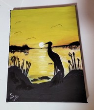Bild Gemälde REIHER AM SEE Öl und Acryl auf Leinwand NEU 2025 handmade 24x18cm