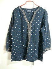 B5 Gina Bluse Tunika  Gr 36/38 dunkelblau Punkte hellbraun Dekonähte Gold WOW