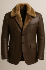 Herren Neu Braun Pelzkragen Echt Leder Blazer Mantel Winter Warm Knopf Mantel