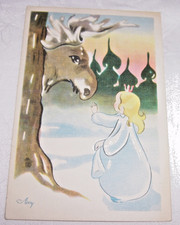 Künstler-AK Kleinformat - Kleiner Engel & Elch frankiert gelaufen 1957 Schweden