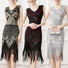 1920er Jahre V-Ausschnitt Pailletten Perlen Fransen Kleid Charleston Kleid