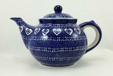 B-Ware Bunzlauer Keramik Teekanne  Kanne für 1,3Ltr. Herzen blau/weiß (C017-DSS
