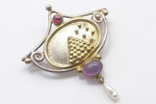 Brosche 925 Sterling SILBER silver vergoldet argent Amethyst Perle Rhodolith