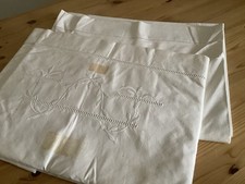Paar Vintage Französisch 1960er Metis Emb Leinen & Baumwolle Doppelbett Laken Set 84”/116”