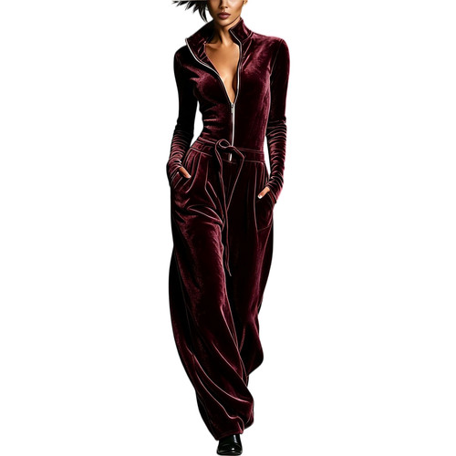 Damen samt jumpsuit - samt, stehkragen