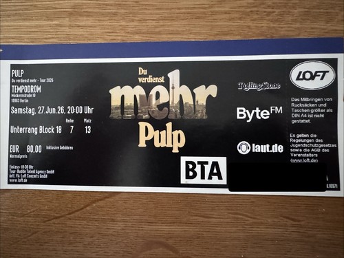 Pulp konzert ticket - konzert,,