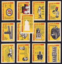 „15. Jahre Hauptstadt der DDR“  12+1(Fehlfarbe Bild 7) Zündholzetiketten, Riesa