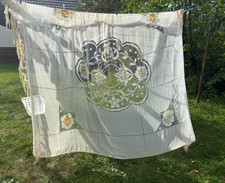 antiker Vorhang/ Gardine ca. 250 x 190 cm floral creme Netz-Stickerei Frankreich