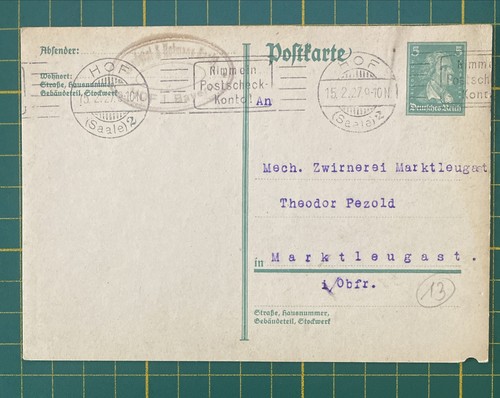 Ganzsache hof 1927 - hof, 15.2.1927