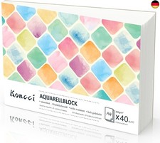 Koncci Aquarellpapier A4, 40 Blatt Aquarellblock, Kaltgepresst 300g/m² Weißes A
