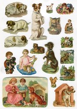 Glanzbild Oblaten scraps 18 Hunde Kinder Konvolut  2,5 - 9 cm