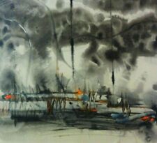 (?) Karlsson signiert, abstrakte Gemälde-Mischtechnik 1977: BOOTE IM HAFEN (?)