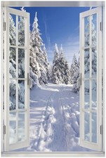 Wallario Poster mit Fenster-Illusion Wanderweg Schnee Ski fahren Langlauf Eis