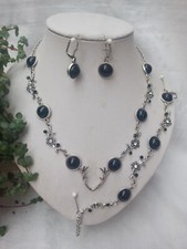 Trachtenschmuck-Set 3-tlg. aus Geweih + Straß-Ranken schwarze Acryl-Cabochons