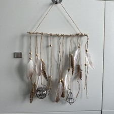 Wanddekoration Holz Mit Federn DIY Kugeln Perlen Glas Braun Beige