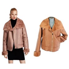 Zara Jacke Lammfellmantel Rosa Altrosa Biker Flieger Oversized Winter Gr. S
