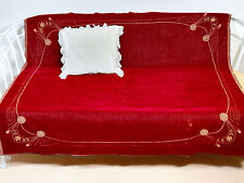 Antik Jugendstil Sofa Decke Samt rot Tischdecke 145 x 130 cm mit Blumen bestickt