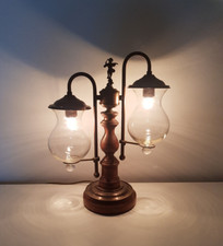 Art Deco Tischlampe, Messing / Holz, Engelstatue, Zwei Strahler, Glasvasen Antik