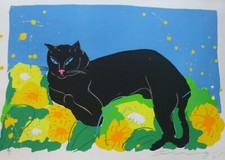 Walasse Ting Schwarz Katze 1981 Handsigniert Lithographie Chinesisch / US Artist