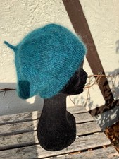 UNIKAT Mütze Strickmütze Baskenmütze Alpaka Seide Petrol handgemacht Neu