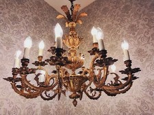 antik  Rarität großer 18 Fl Kronleuchter Deckenlampe Bronze Gold Engel ca. 1900