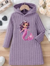 Mädchen Meerjungfrau Muster Gestricktes Langarm-Kapuzenkleid, Gr.122/128, Neu