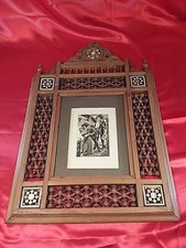 Antiker Bilderrahmen Holz Rahmen Bild Mosaik Schnitzerei Handarbeit (2112)