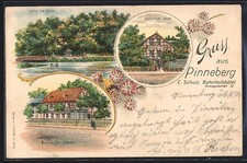 Lithographie Pinneberg, Bahnhofs-Hotel, Hütte im Fahlt 1899 
