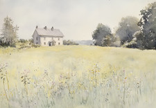 Englisches Landhaus Wandbild hell Pastell Wiese Poster - 16x12/20x16/24x18/36x24