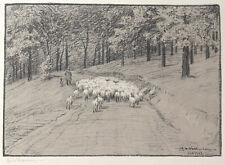 Hans von Volkmann. In den Wald ziehende Schafherde. Orig.-Farblithiographie. 