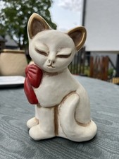 Thun Keramik  Figur weiße Katze mit roter Schleife, Höhe ca. 20 cm