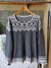 Damen Vintage Island Norweger Jacquard Strick Pullover XL Wolle grau wollweiß