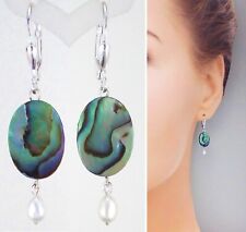 Abalone Paua Muschel Ohrringe + Flussperle  Massiv 925 Sterlingsilber - 10x38mm