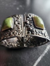 Vintage Mexiko 900er Silber Armreif Taxco Stil, grüner Cabochon, 60er Jahre