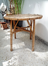 •• Vintage •• kleiner alter Rattan-Tisch Ø 51 cm, H 48 cm • Korb Geflecht Holz