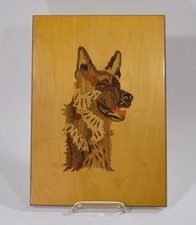 altes INTARSIENBILD mit DEUTSCHER SCHÄFERHUND 35 x 25 Einlegearbeit Holz vintage