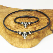 LederKette/Hals-oder Armband Skull/Totenkopf+Beads Edelstahl Verschluss Schwarz