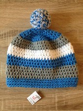 Häkelmütze Mütze Boshi Bommelmütze Herren Kinder Jungen blau weiß grau 54-56 M