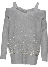 Pullover m Perlen und Cut-Outs Gr. 32/34 Hellgrau Damen Langarm Strick-Pulli Neu