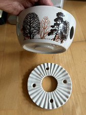 3 tlg. Set Porzellan Stövchen + 3 armiger Kerzenhalter Standhalter aus Holz 