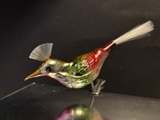 alter Christbaumschmuck bunter  Vogel  auf Clip mit Glasfaserschwanz und Haube