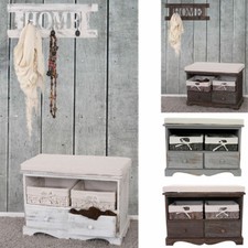 Sitzbank Kommode mit 2 Körben + Garderobe, Shabby-Look, Vintage, Weiß Braun Grau