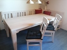 Eckbankgruppe mit Truhe, Tisch und 2 Stühle, Massivholz, Kielfer, weiß