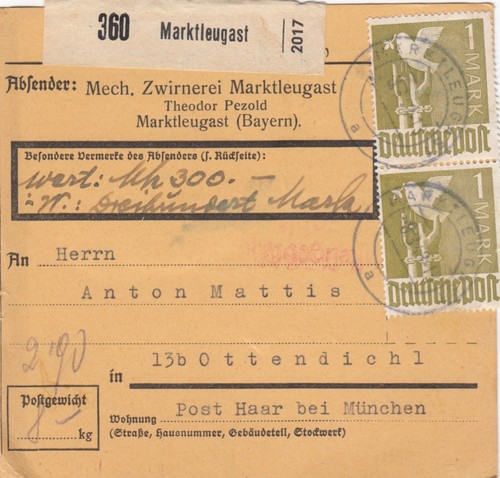 Paketkarte 1948 marktleugast - 1948:,
