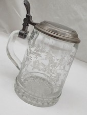 Bierkrug  aus Glas Zinndeckel  Jagd Motiv Vintage Antikität Dekoration 
