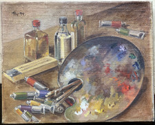 ::SIGNIERTES ÖLGEMÄLDE 1944  EINES STILLLEBENS KÜNSTLERMATERIALIEN FARBPALETTE