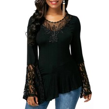 Frauen Florale Spitze Tops Damen Lange Glockenhülle T -Shirt Bluse ▽