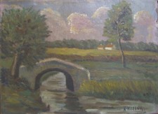 ::BRÜCKE AM FLUß °ÖLGEMÄLDE K. KIESER LANDSCHAFT MIT HAUS AM FELDRAND ANTIK 